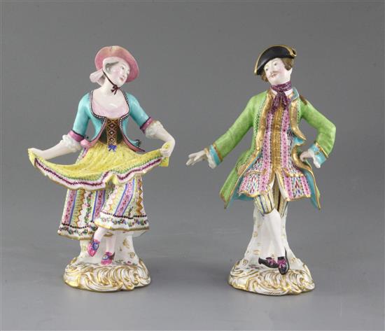 A pair of Minton figures of male and female dancers, c.1840-5, 19.5 and 19cm, slight faults